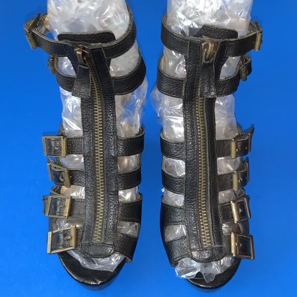 CYNTHIA VINCENT Black Front Zip Buckles Platform Wedge Shoes Sz 5.5 - Picture 3 of 5